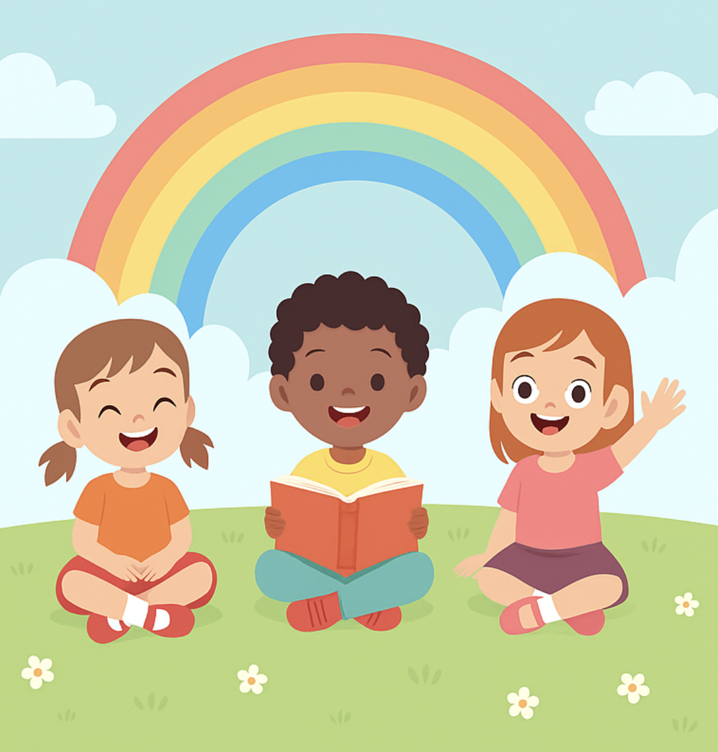 Smiling children holding colorful books
